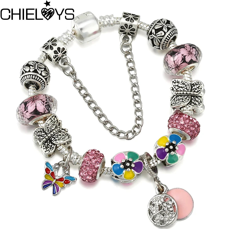 Colorful Butterfly Pendant Bracelet Charm Beads Silver Plated Women Gift