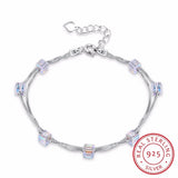 925 Sterling Silver Double Chain Bracelet with Square Crystals
