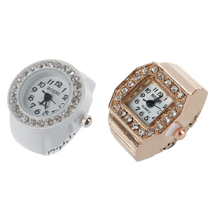 Glitter Crystal Decor Finger Ring Watch Copper Tone for Lady