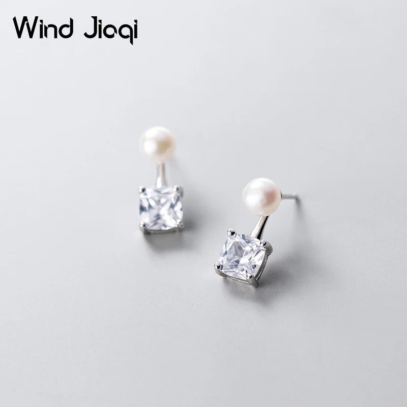 Square Diamond Pearl Studs Earrings for Women 925 Sterling Silver Jewelry