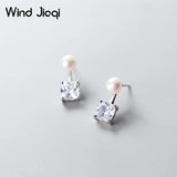Square Diamond Pearl Studs Earrings for Women 925 Sterling Silver Jewelry