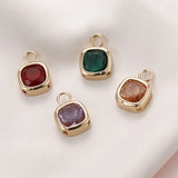 Square Faceted Crystal Glass Charms 4Pcs Brass Framed Plated Pendant