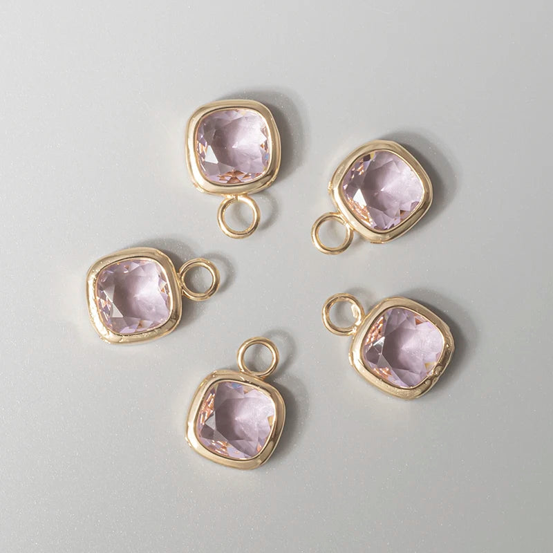 Square Faceted Crystal Glass Charms 4Pcs Brass Framed Plated Pendant