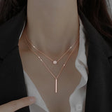 Double Layer Clavicle Necklace Women Square Flash Diamond Round