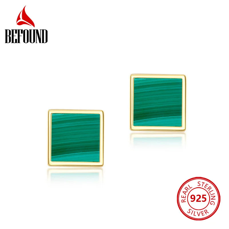 Malachite Stud Earrings 925 Silver Plated Geometric Hypoallergenic Green