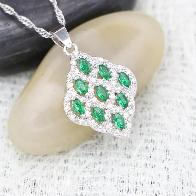 Square Silver 925 Pendant Necklace Green Cubic Zirconia Crystal Wedding