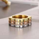 Stainless Steel Roman Numeral Ring Rhinestone Wedding Band