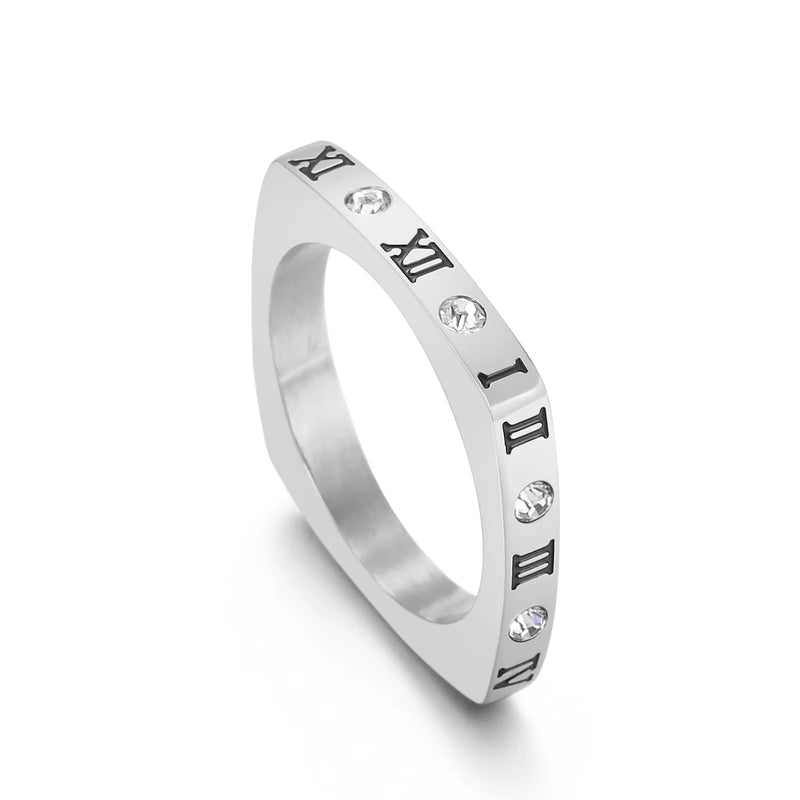 Stainless Steel Roman Numeral Ring Rhinestone Wedding Band