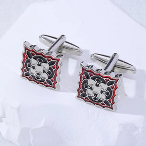 Square Tricolor Flower Cufflinks Silvery Metal Pair Classic Mens Cuff Links Red