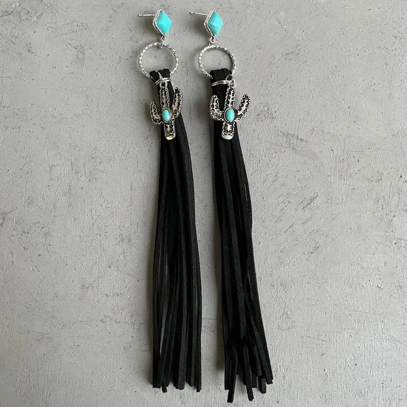 Turquoise Cactus Charm Tassel Earrings Brown