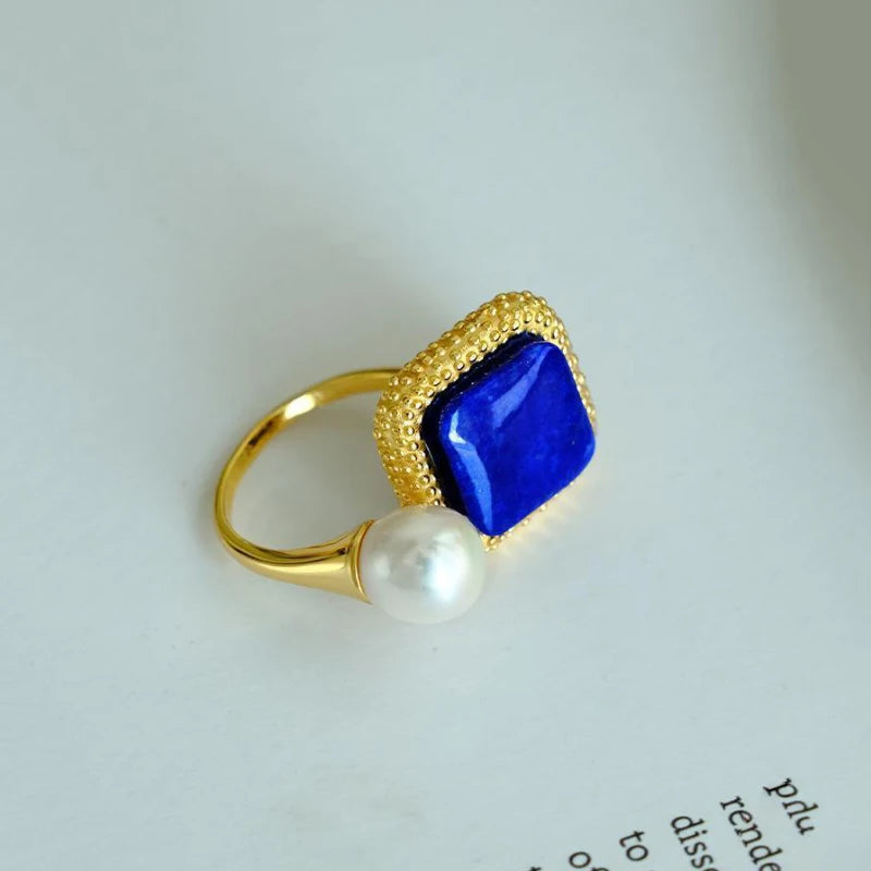 Lapis Lazuli Engagement Ring with Water Droplet Pearls