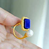 Lapis Lazuli Engagement Ring with Water Droplet Pearls