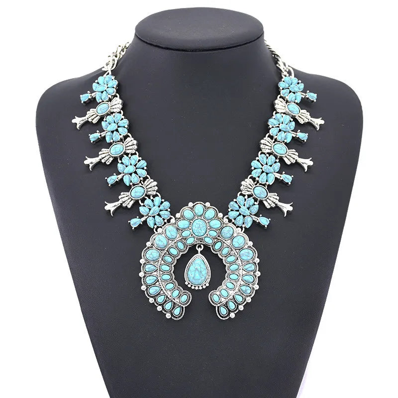 Squash Blossom Turquoise Bib Necklace Southwestern Jewelry Boho