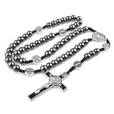 St Benedict Cord Rosary 8mm Hematite Beads Catholic Cross Necklace
