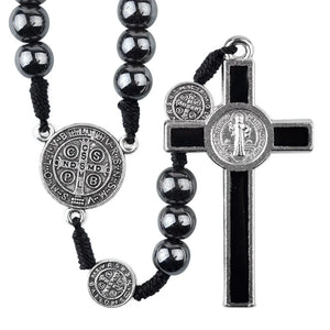 St Benedict Cord Rosary 8mm Hematite Beads Catholic Cross Necklace