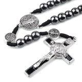 St Benedict Cord Rosary 8mm Hematite Beads Catholic Cross Necklace