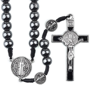 St Benedict Cord Rosary 8mm Hematite Beads Catholic Cross Necklace