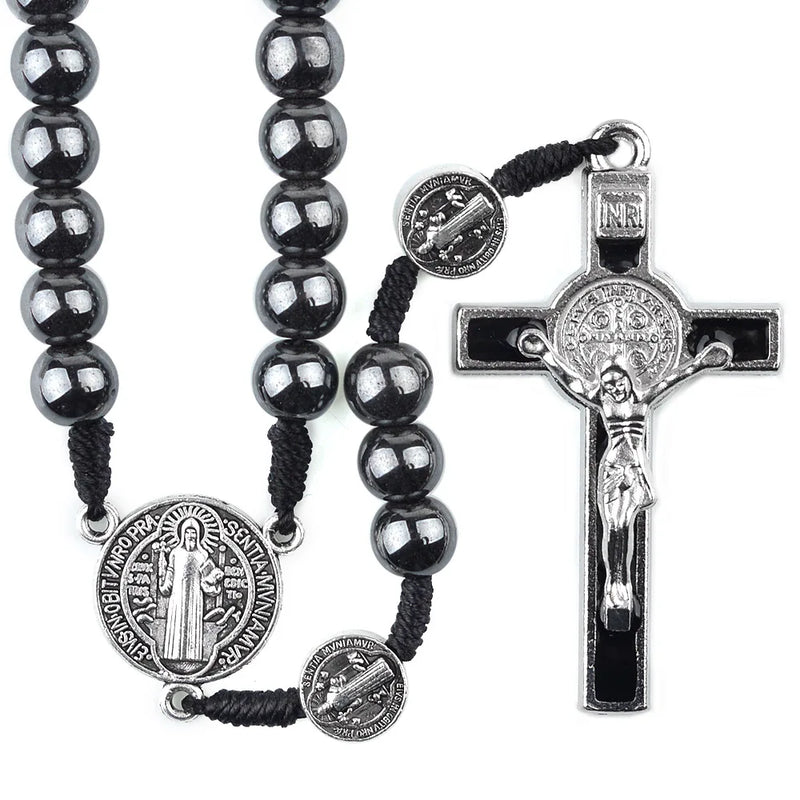 St Benedict Cord Rosary 8mm Hematite Beads Catholic Cross Necklace