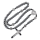 St Benedict Cord Rosary 8mm Hematite Beads Catholic Cross Necklace