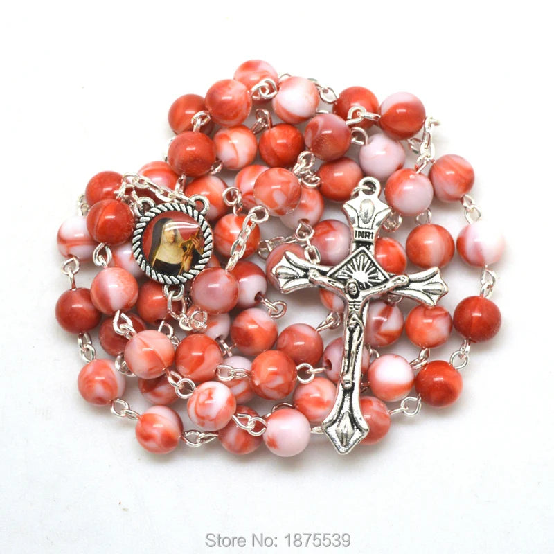 St Rita Red Rosary 8 mm Round Acrylic Bead Necklace for Women