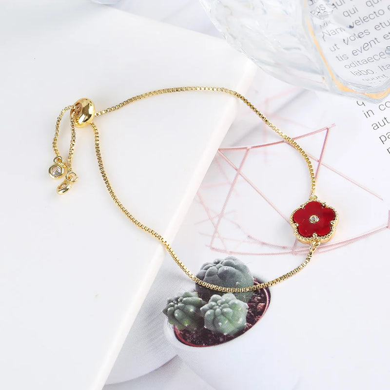 Stainless Steel Zircon Gold Flower Adjustable Pendant Bracelet