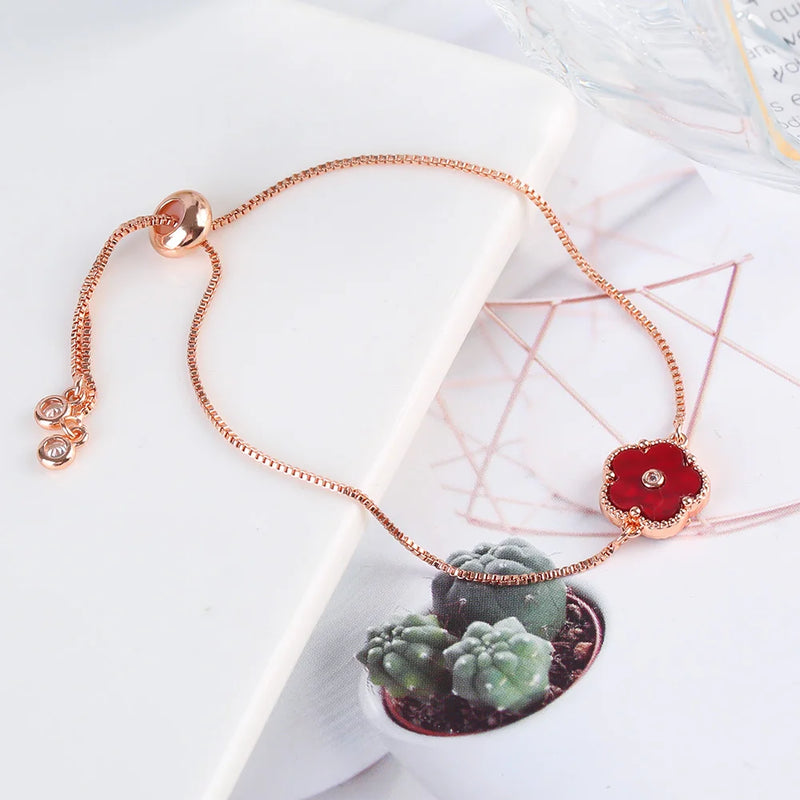 Stainless Steel Rose Gold Plate Leaf Petal Flower Pendant Bracelet Adjustable