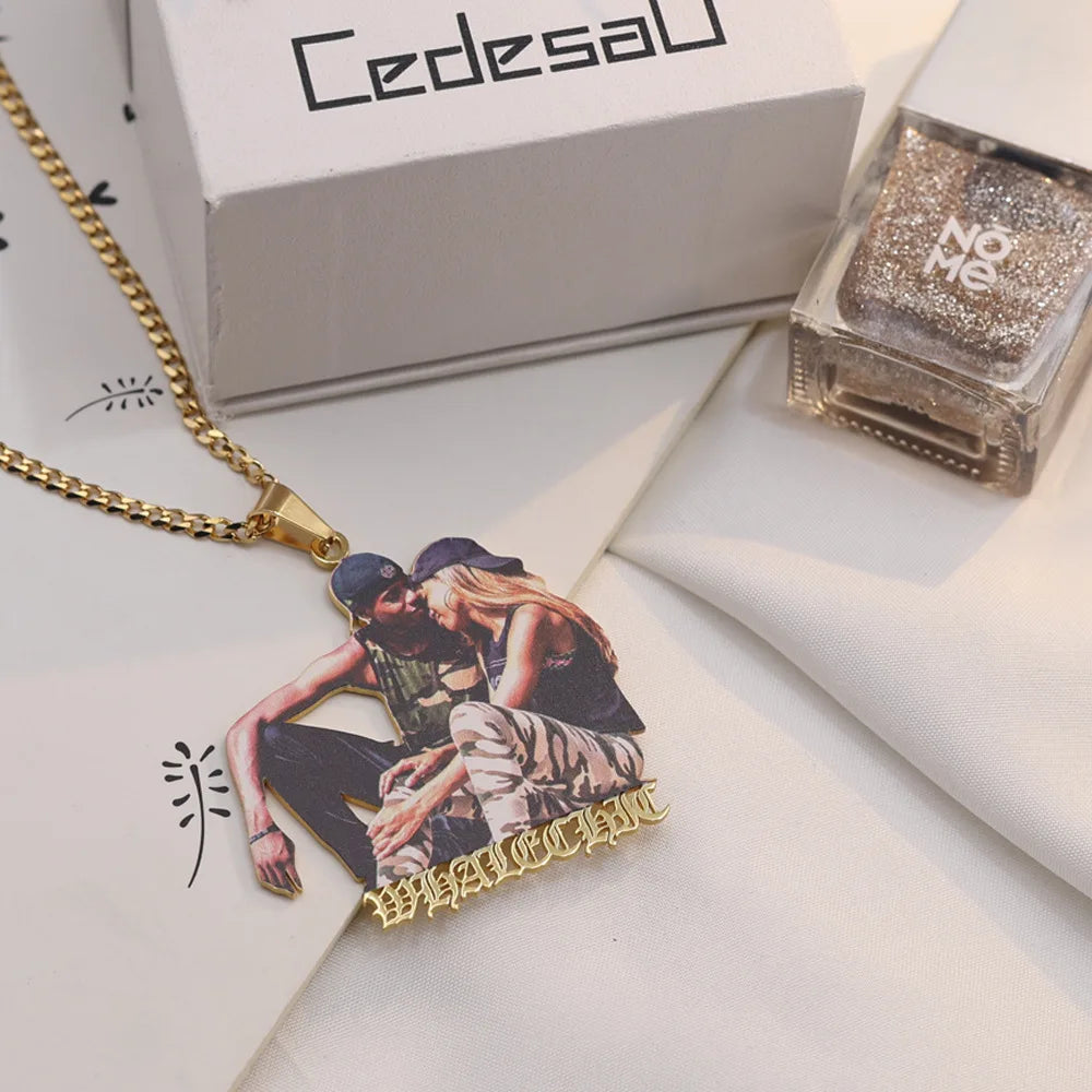 Personalized Stainless Photo Necklace with Nameplate Pendant