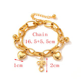 Stainless Steel Gold-Plated Layered Bracelet with Heart Cross Pendant
