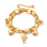 Stainless Steel Gold-Plated Layered Bracelet with Heart Cross Pendant