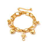 Stainless Steel Gold-Plated Layered Bracelet with Heart Cross Pendant