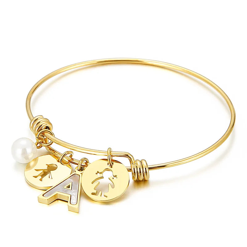 Stainless Steel 26 Letter Bracelet Child Charm Bangle Women Pearl Bangles
