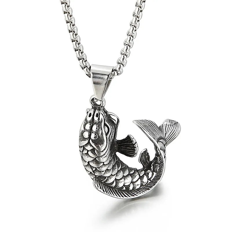 Stainless Steel 3D Koi Fish Pendant Necklace Men Women Biker Amulet Jewelry