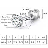 Stainless Steel 4 CZ Zircon Earrings Crystal Screw Titanium Steel Ear Studs