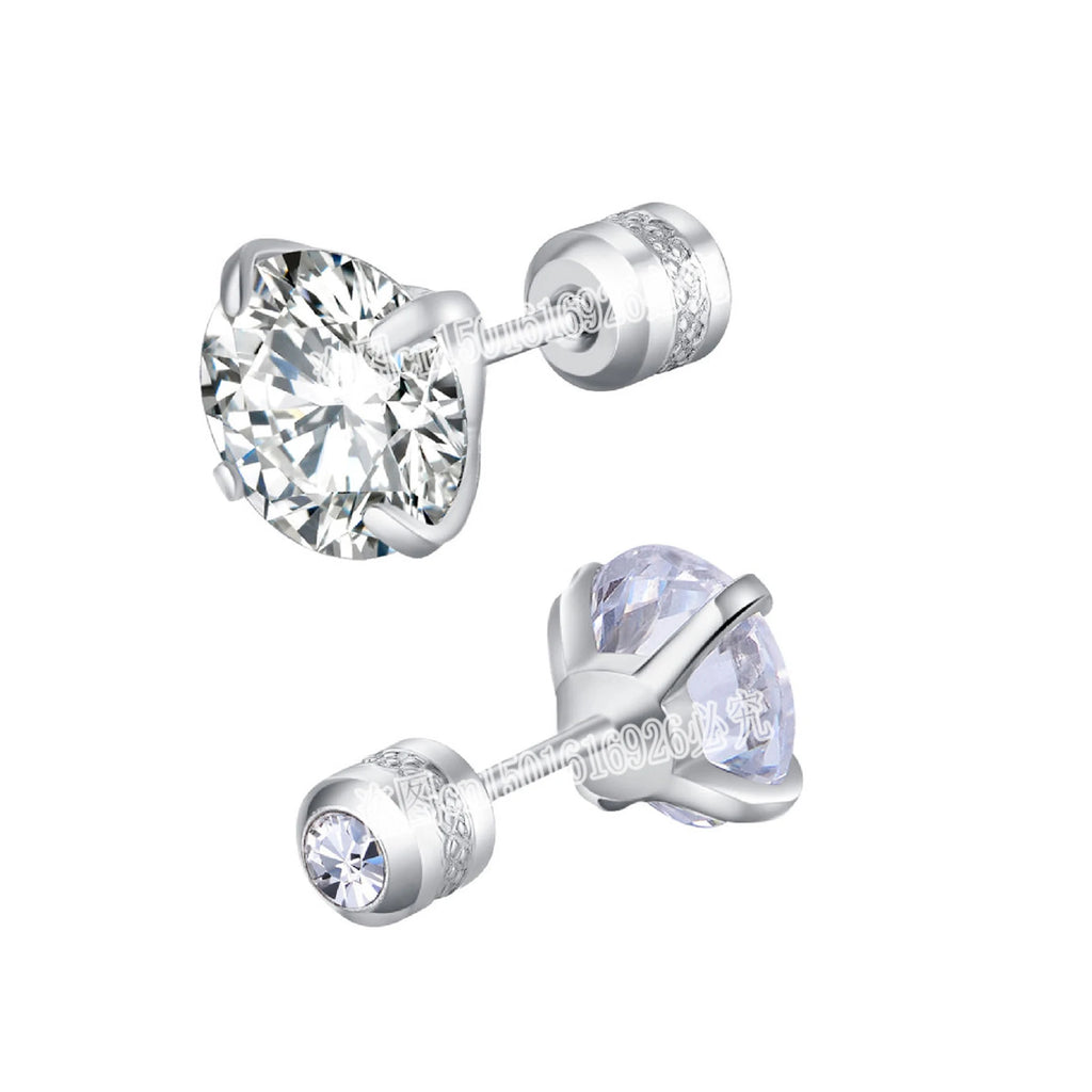 Stainless Steel 4 CZ Zircon Earrings Crystal Screw Titanium Steel Ear Studs