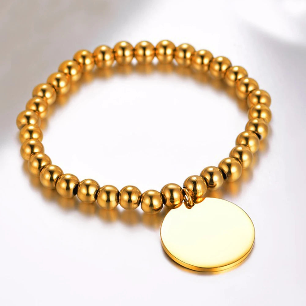 Stainless Steel 6mm Beaded Bracelet with 22mm Round Tag Vintage Jewelry