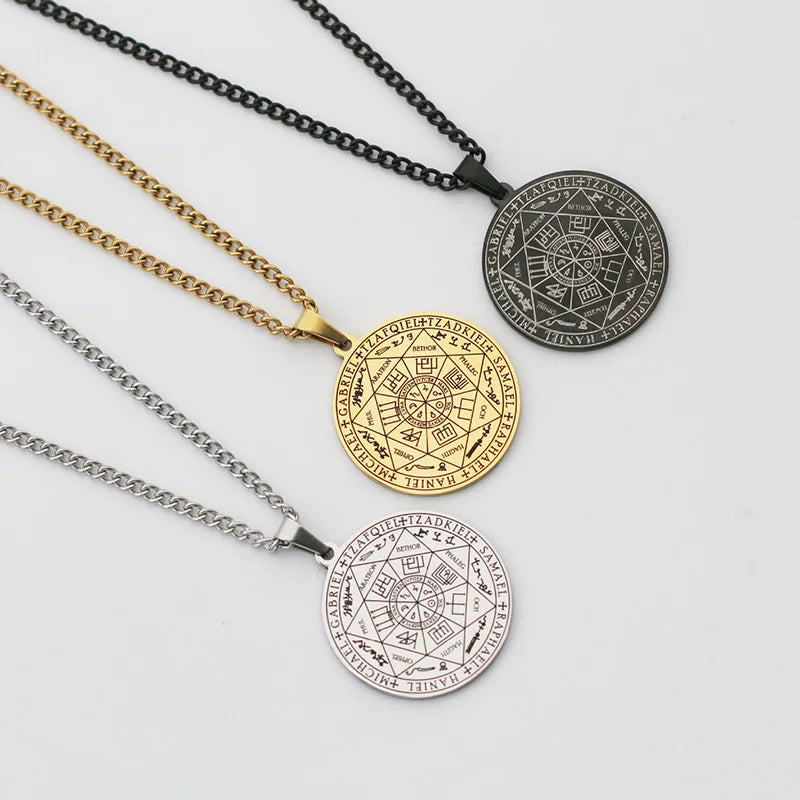 Stainless Steel Archangels Amulet Pendant Necklaces Vintage Rune Magic Circle