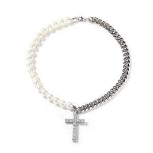 Stainless Steel 8mm Cuban Chain Pearl Necklace