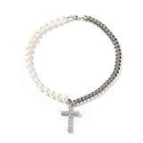 Stainless Steel 8mm Cuban Chain Pearl Necklace