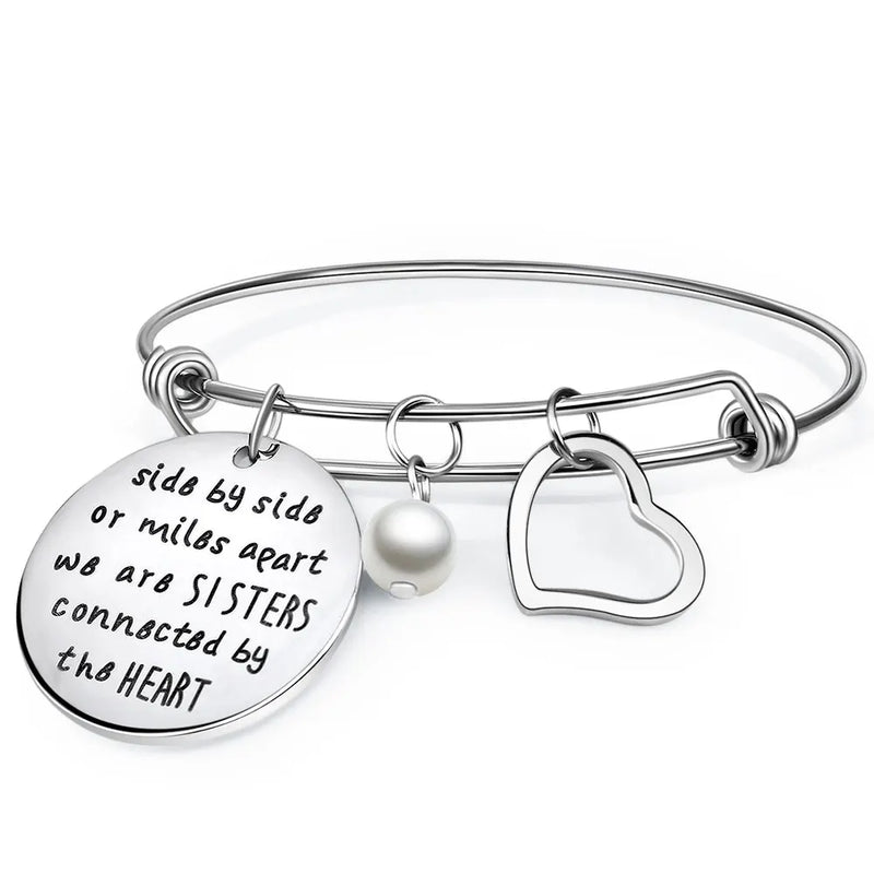 Adjustable Stainless Steel Heart Pearl Bangle Bracelet