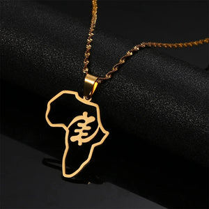 Stainless Steel African Map Symbol Pendant Necklace Adinkra Gye Nyame