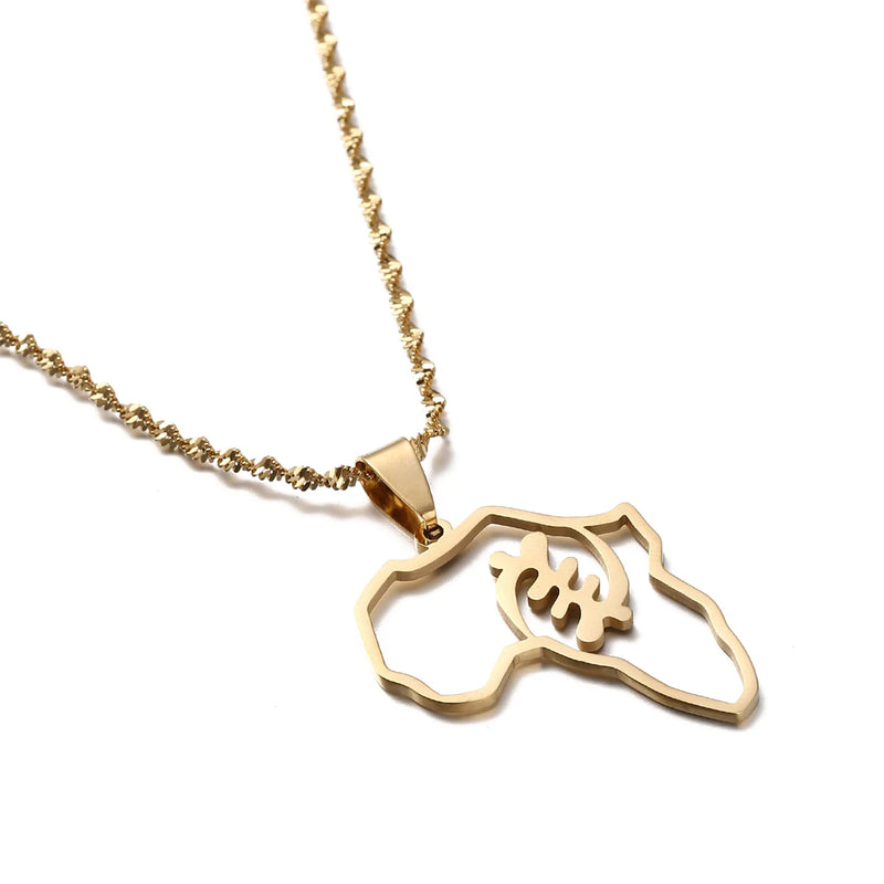 Stainless Steel African Map Symbol Pendant Necklace Adinkra Gye Nyame