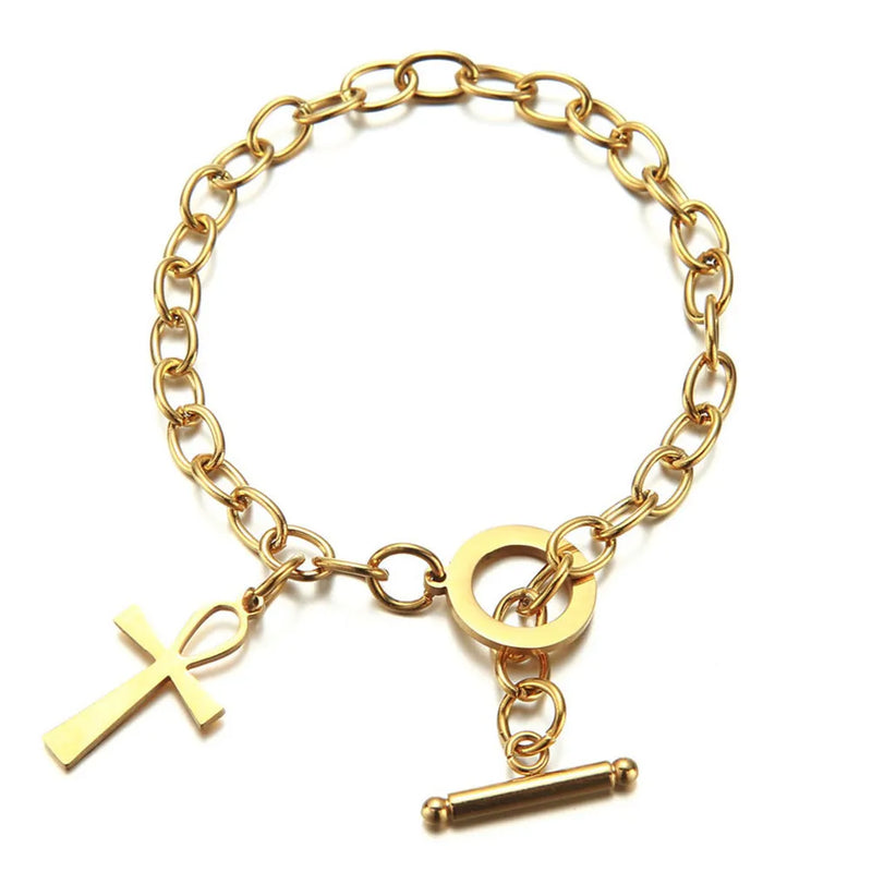 Stainless Steel Ankh Charm Toggle Bracelet Metal Cross Pendant