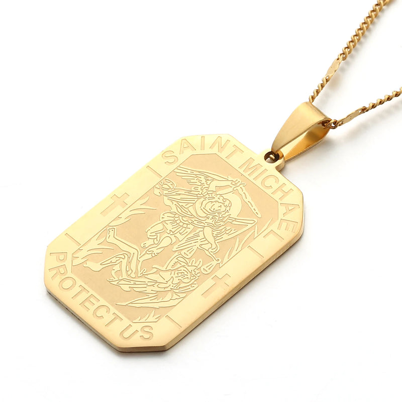 Stainless Steel Archangel Saint Michael Plate Pendant Necklace