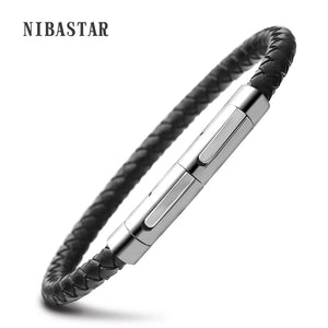 Men's Stainless Steel Leather Bangle Bracelet
