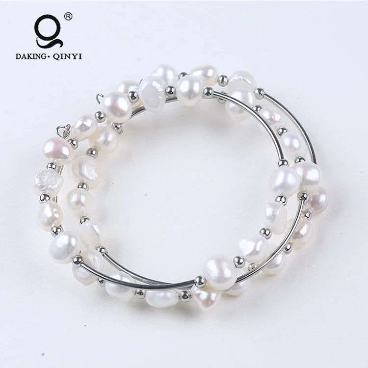 Stainless Steel Baroque Shape Pearl Wire Bracelet for Women