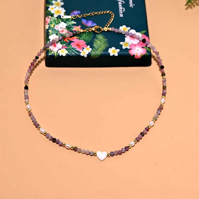 Stainless Steel Beads Natural Stone Heart Choker for Women