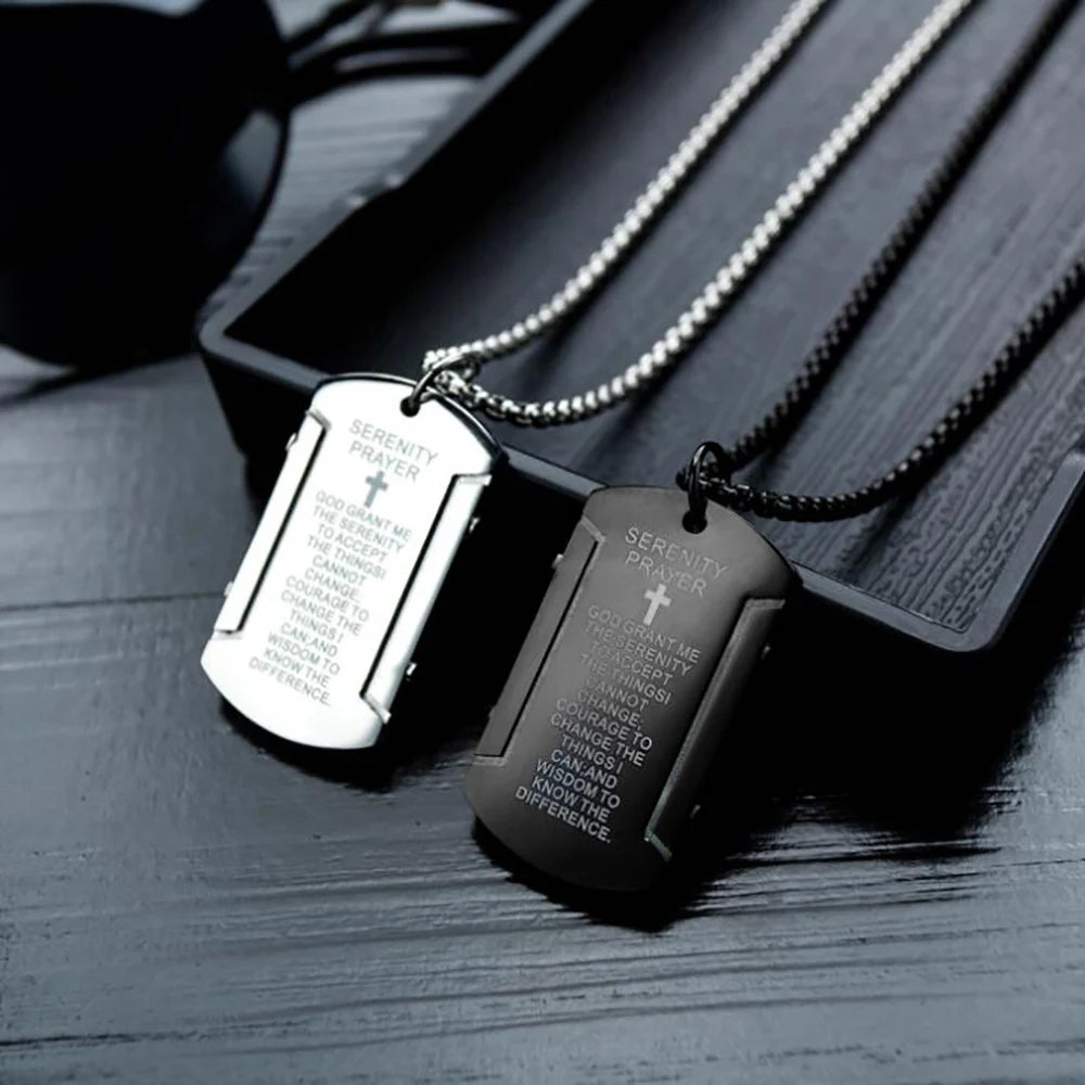 Stainless Steel Bible Verse Cross Dog Tag Pendant Necklace