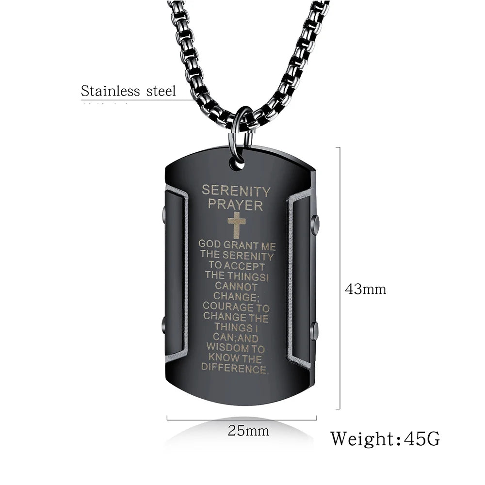 Stainless Steel Bible Verse Cross Dog Tag Pendant Necklace