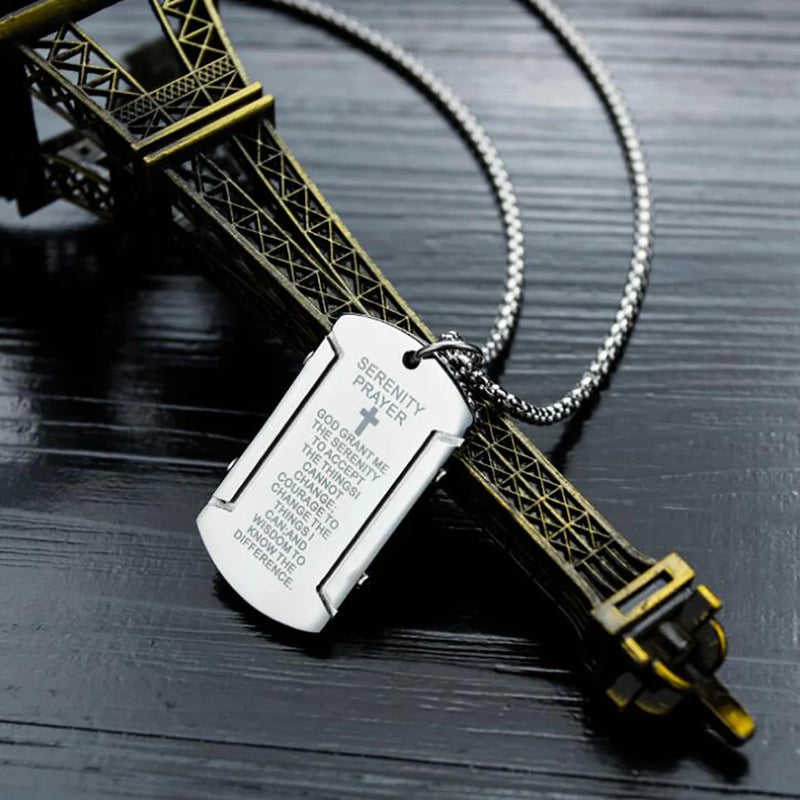 Stainless Steel Bible Verse Cross Dog Tag Pendant Necklace