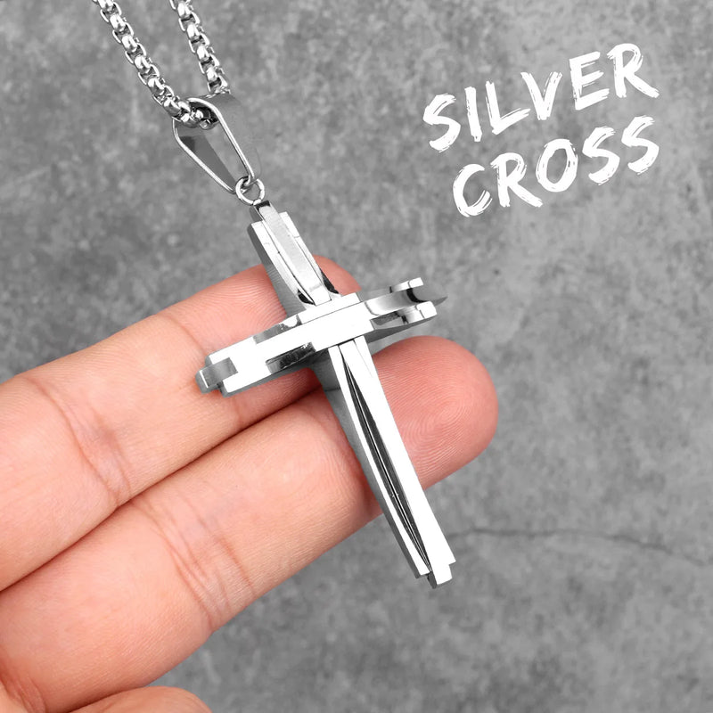 Stainless Steel Double Layers Cross Men Necklaces Pendants Chain Punk